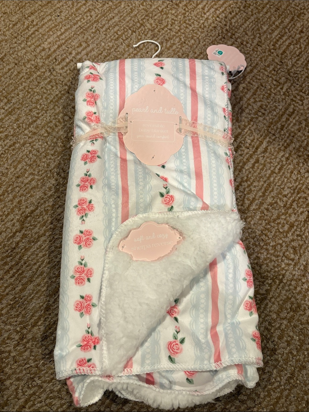 Baby Blanket - Light Blue with Navy Fish reversible, super soft Sherpa 30x40